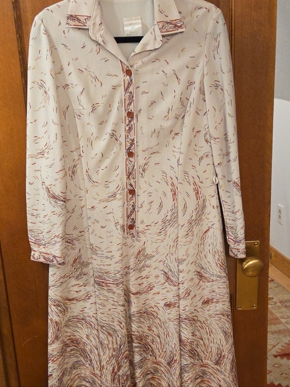 Long Sleeve Cream Dress with Brown Swirl Print